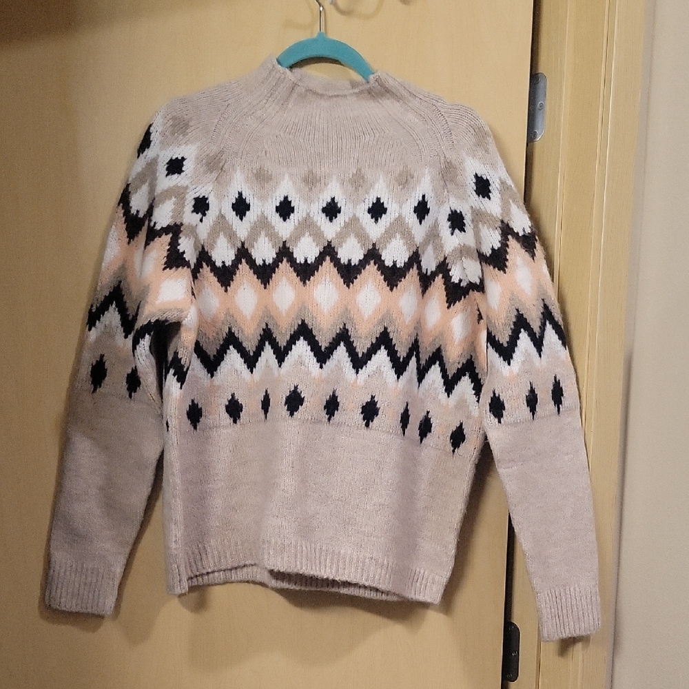 Birch NY Geometric Patterned Beige Sweater Mock Turtleneck Size Large